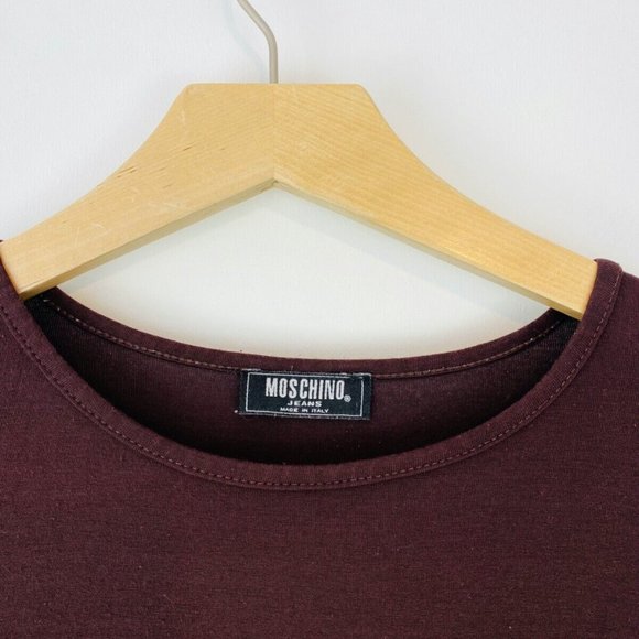 Moschino Jeans Y2K 00's Dark Brown Graphic Long Sleeve Cropped T Shirt UK S - Picture 4 of 7